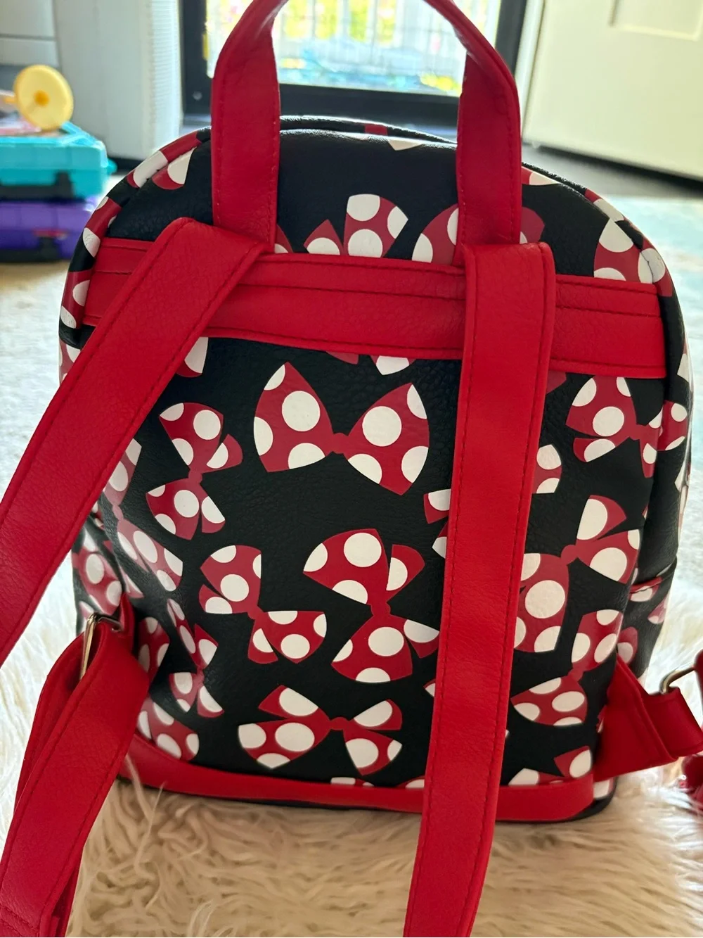 Disney Parks Minnie Mouse BOWS Mini Backpack Polka Dot Bag Handbag World EUC